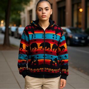 Camptex Wool Hoodie Sweater L unisex— Bear Aztec Print Zip Front Jacket Ecuador